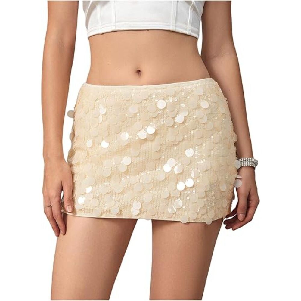 Sparkly Sequin Mini Skirt Y2k Low Rise Glitter with Shorts, L, 4B-144B005